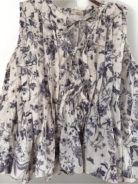 Women’s Medium Blue White Botanical Tie Front Sleeveless Cottagecore A-Line Top